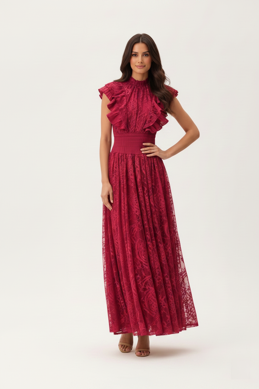 Woman wearing a red lace dress on a white background
