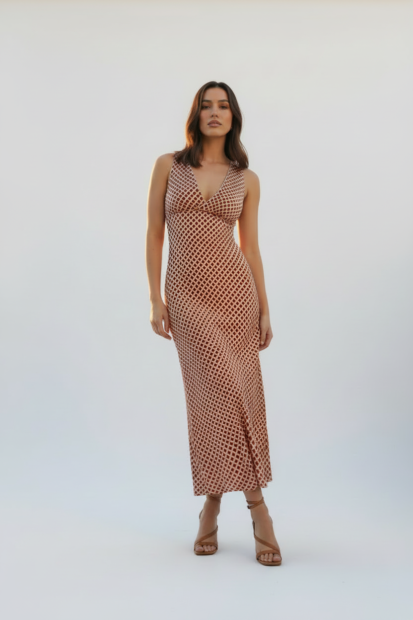 Woman wearing a red checkered dress on a white background