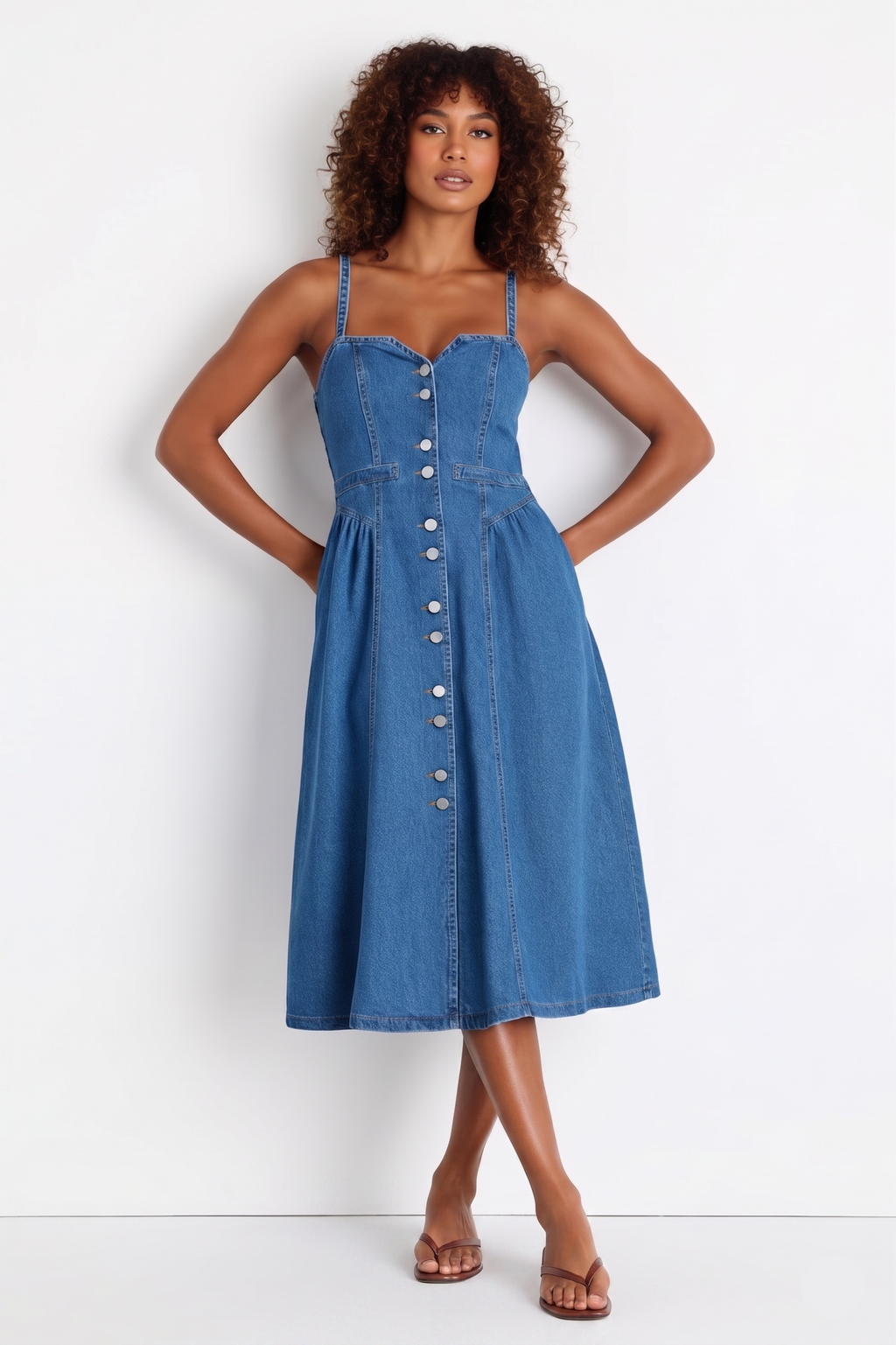 Clara Smocked Button-Front Midi Denim Dress