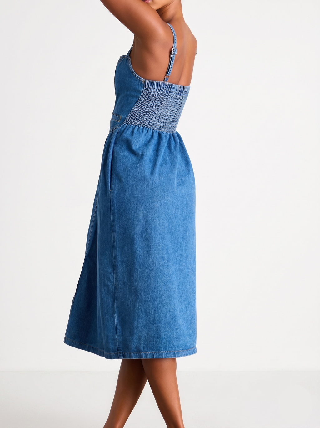 Clara Smocked Button-Front Midi Denim Dress