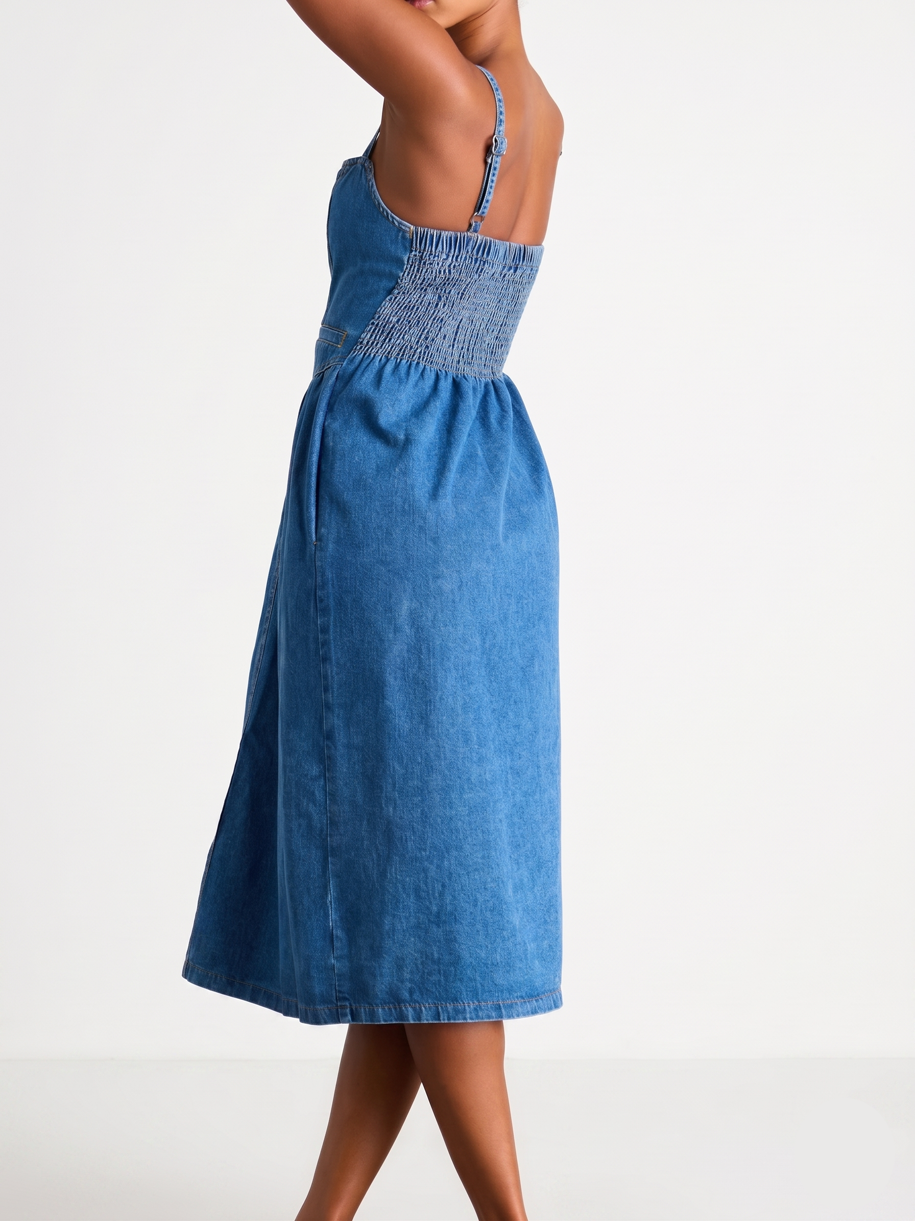 Clara Smocked Button-Front Midi Denim Dress