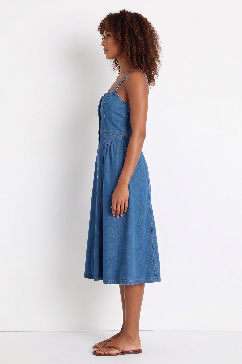 Clara Smocked Button-Front Midi Denim Dress