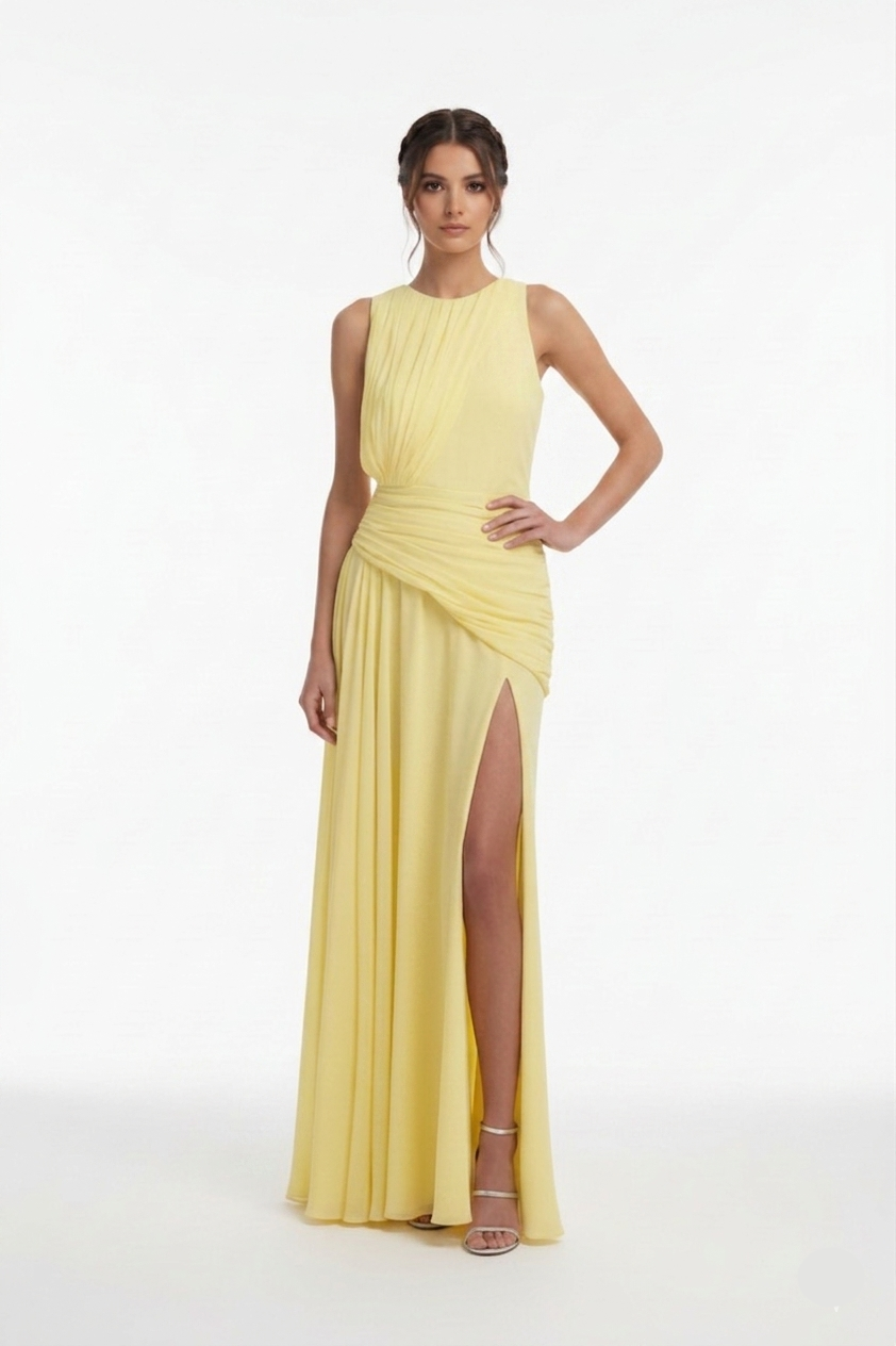 The Athena Grecian Maxi Gown in Pale Yellow