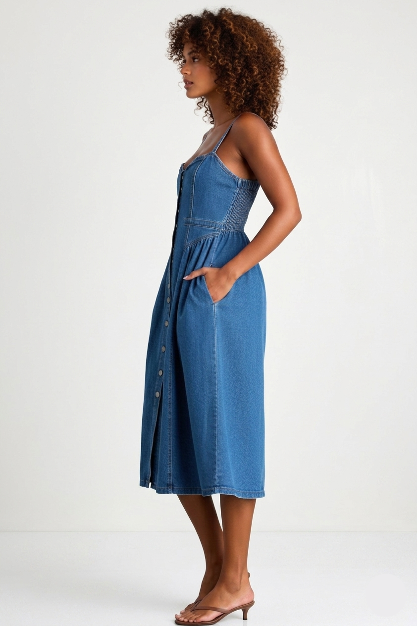 Clara Smocked Button-Front Midi Denim Dress